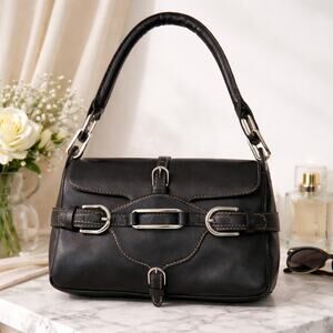 Gabor VTG Genuine Leather Y2K Style Shoulder Bag In Black With Silver Hardware